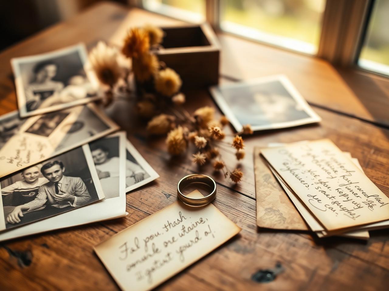 Oude familiefoto's, handgeschreven briefjes en een trouwring op een houten tafel